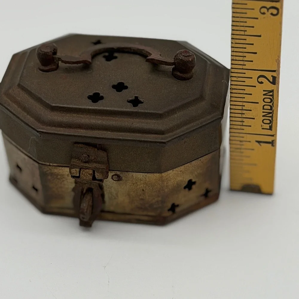 Vintage Brass Octagon Trinket Box Made in India Hinged Latch Star Cutouts Handle